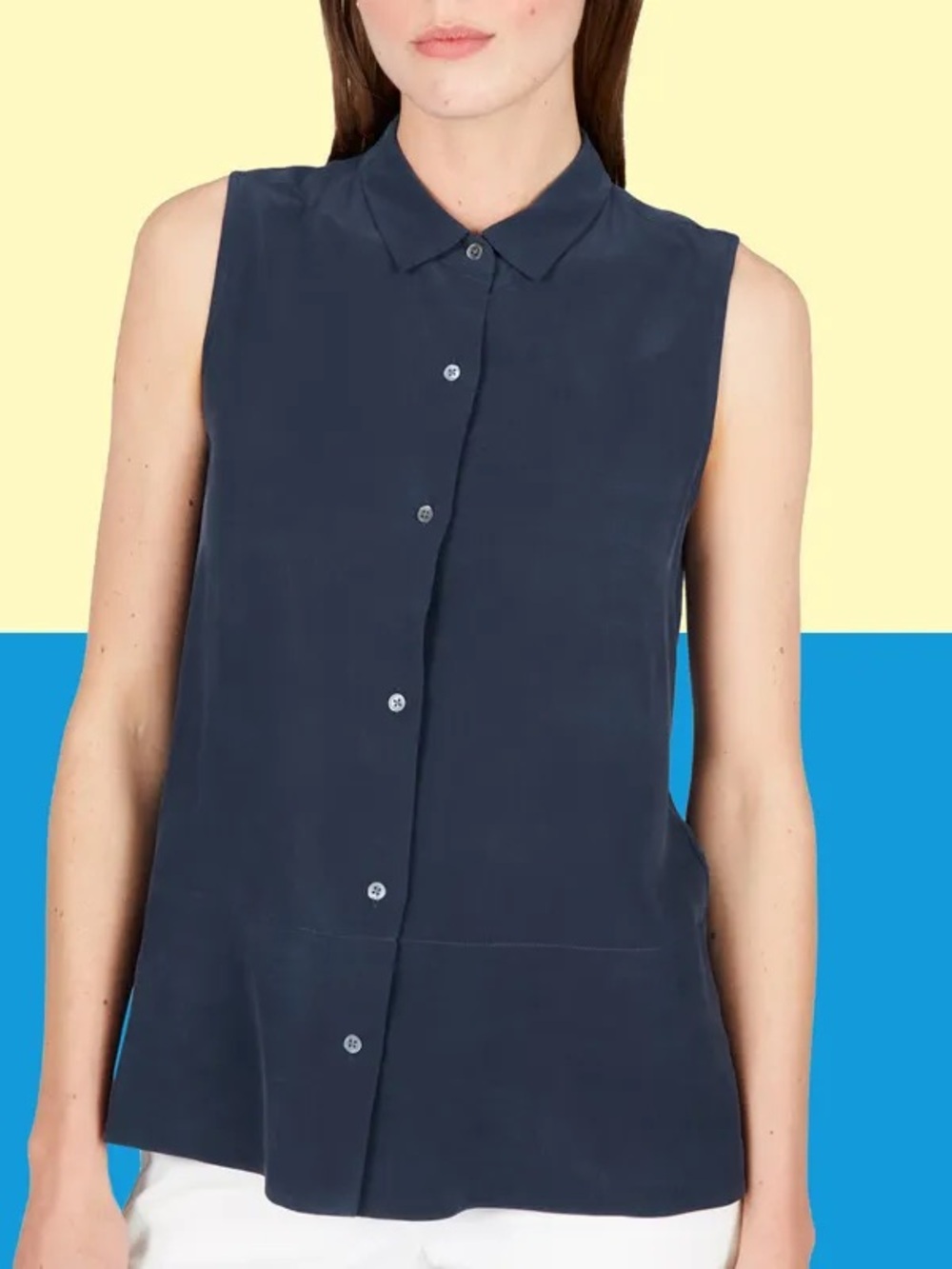 XS Everlane Navy 100% Silk Sleeveless Square Shirt Button-Front Collared Top